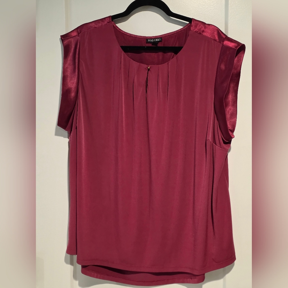 Roz & Ali Red Pleated Mandarin Collar Blouse